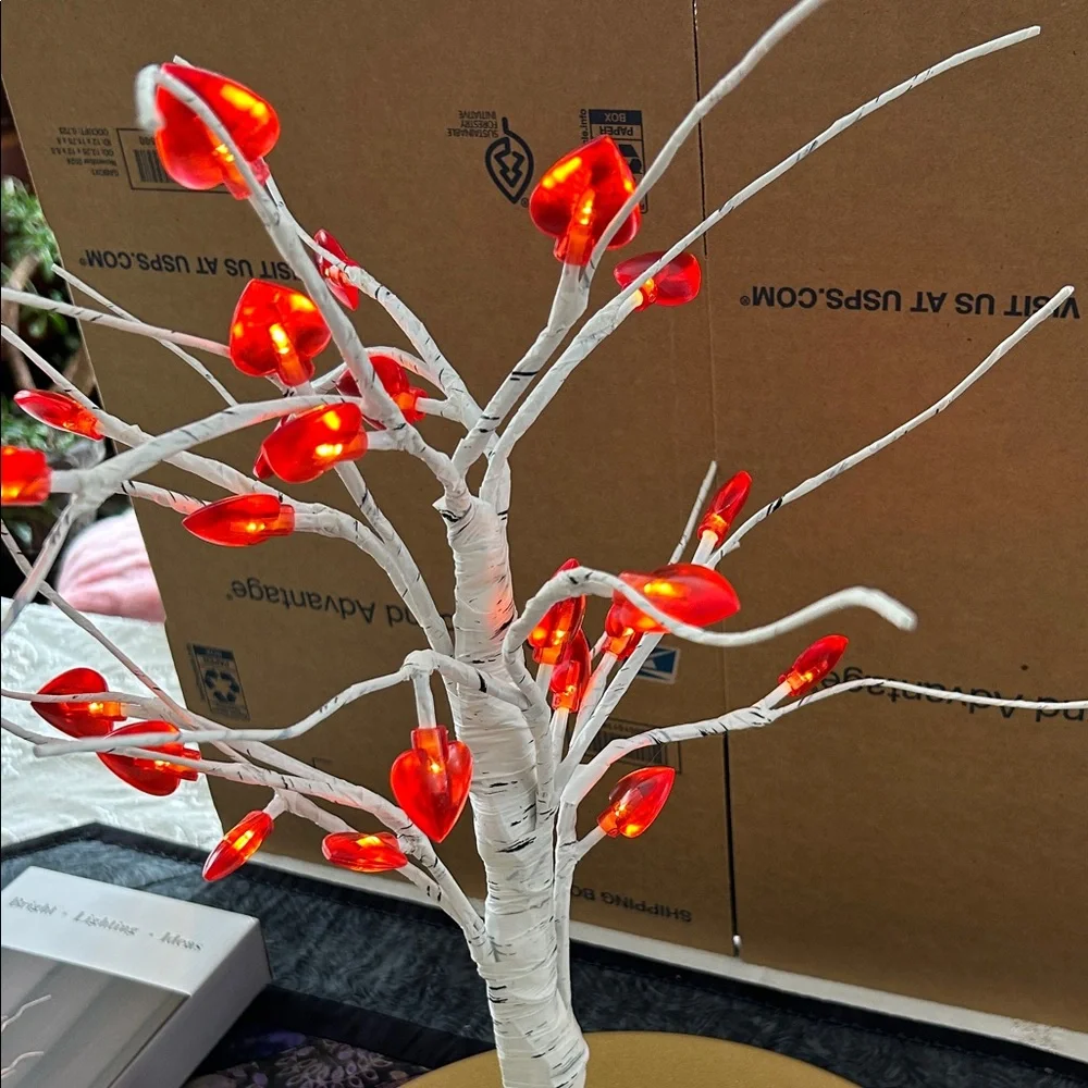 Illuminated Faux Birch Tree with or without Vibrant Red Hearts;Battery Operated
